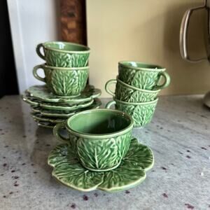 Bordallo Pinheiro ‘Cabbage’ Majolica Espresso Cups & Saucers – Set of 6